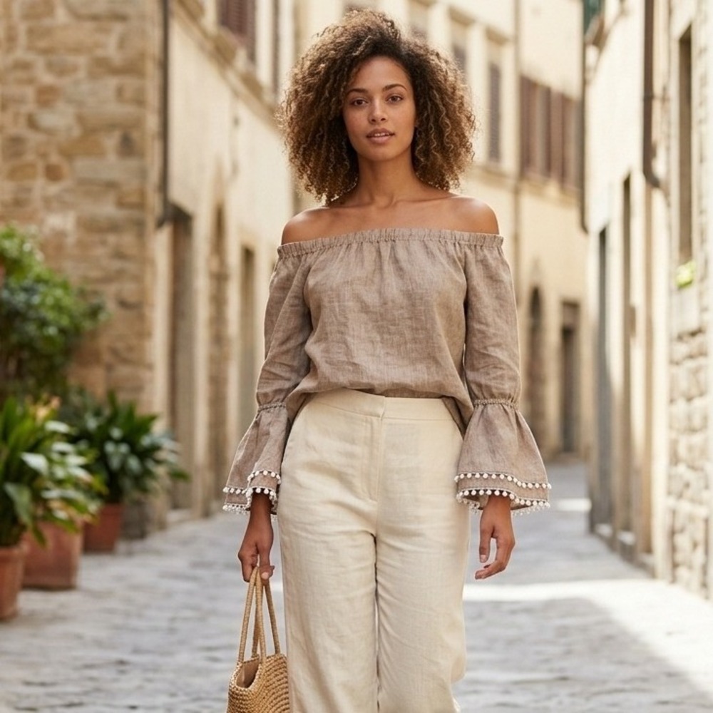 Sara Campbell Linen Off The Shoulder Bell Sleeve Pom Pom Trim Blouse Tan Medium